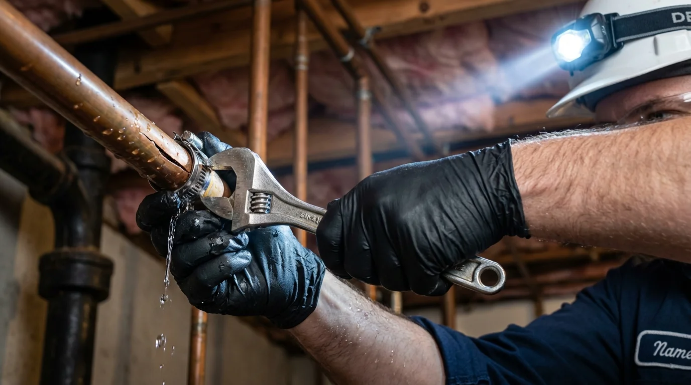 Emergency pipe clamp repair being performed by a Johns Plumbing LLC plumber in Bruce
