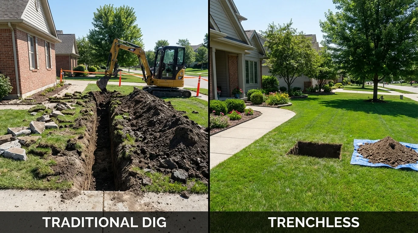 Trenchless sewer repair with minimal yard damage versus traditional excavation in Bruce, MS