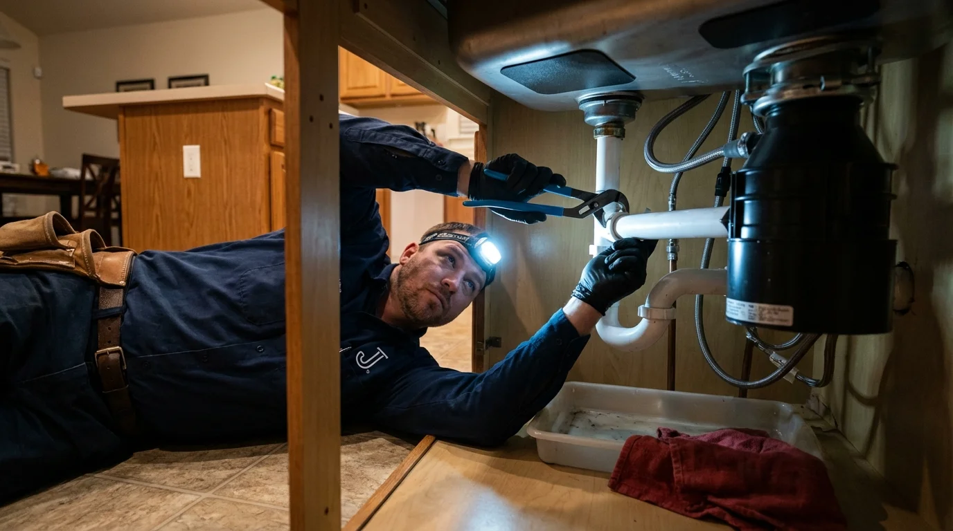 P-trap and supply line connections under a kitchen sink showing a common leak point in Bruce, MS